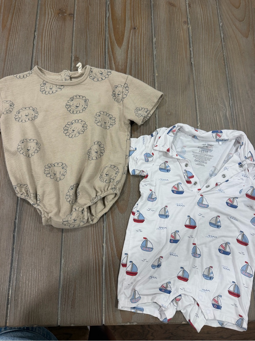 Bundle Rylee + Cru Beige Lion Print & Angel Dear White Sailboat One-Pieces